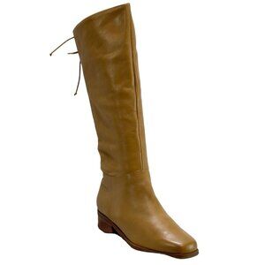 MARKON Women's Tan Leather Knee-High Boots Lace-Up Back Low Heel Size